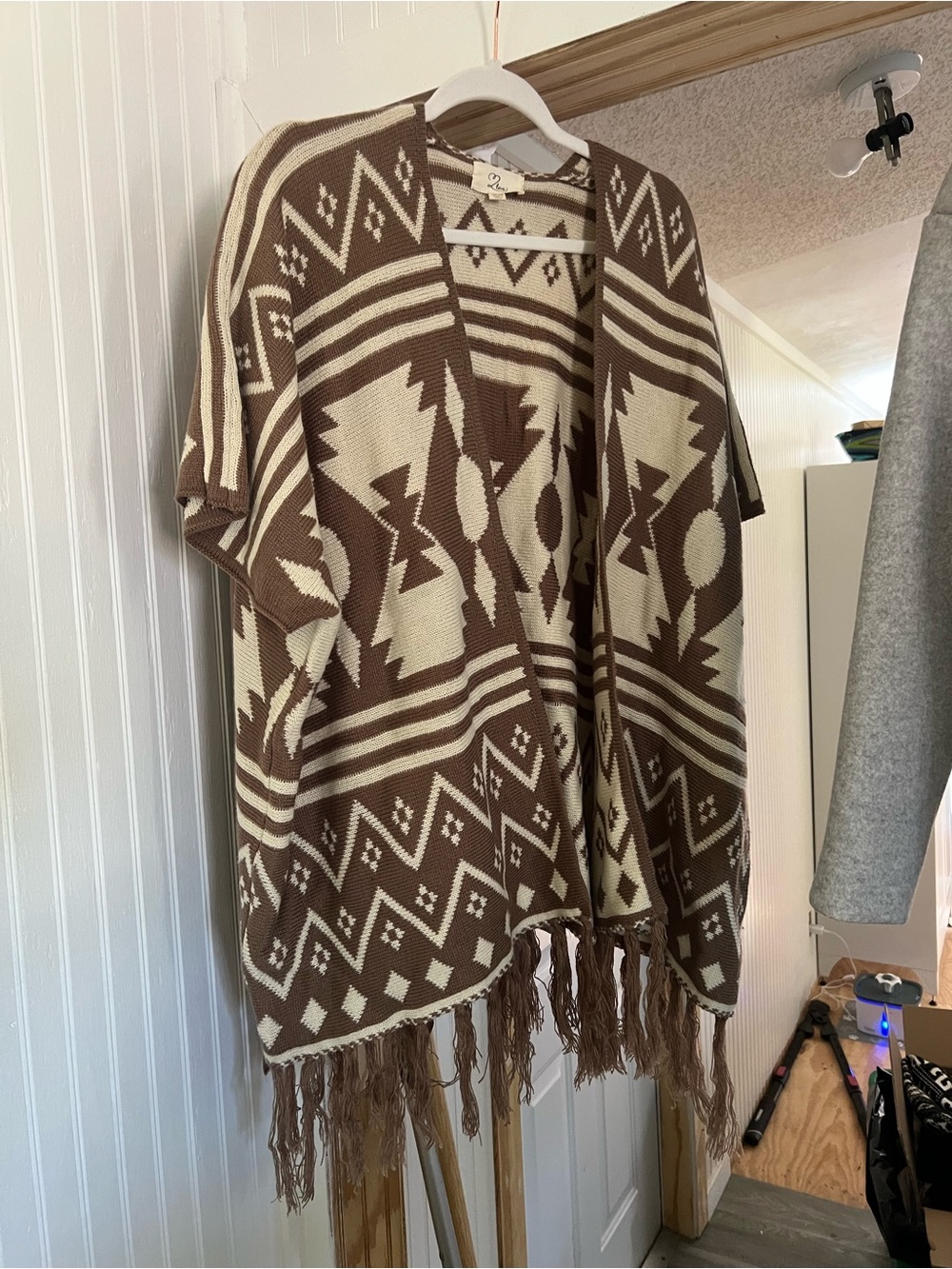 Love Brown and Cream Aztec Fringe Poncho Cardigan